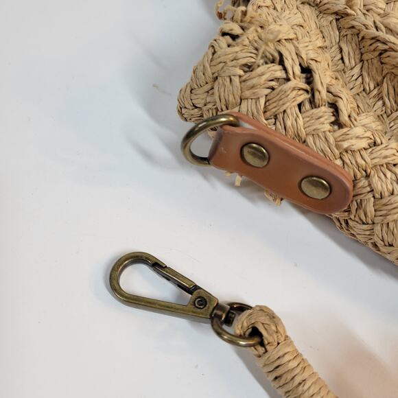 VINTAGE Woven Wooden Cinch Bag Brown Circle Handmade Rattan Summer‎ Beach Bag - Picture 12 of 14